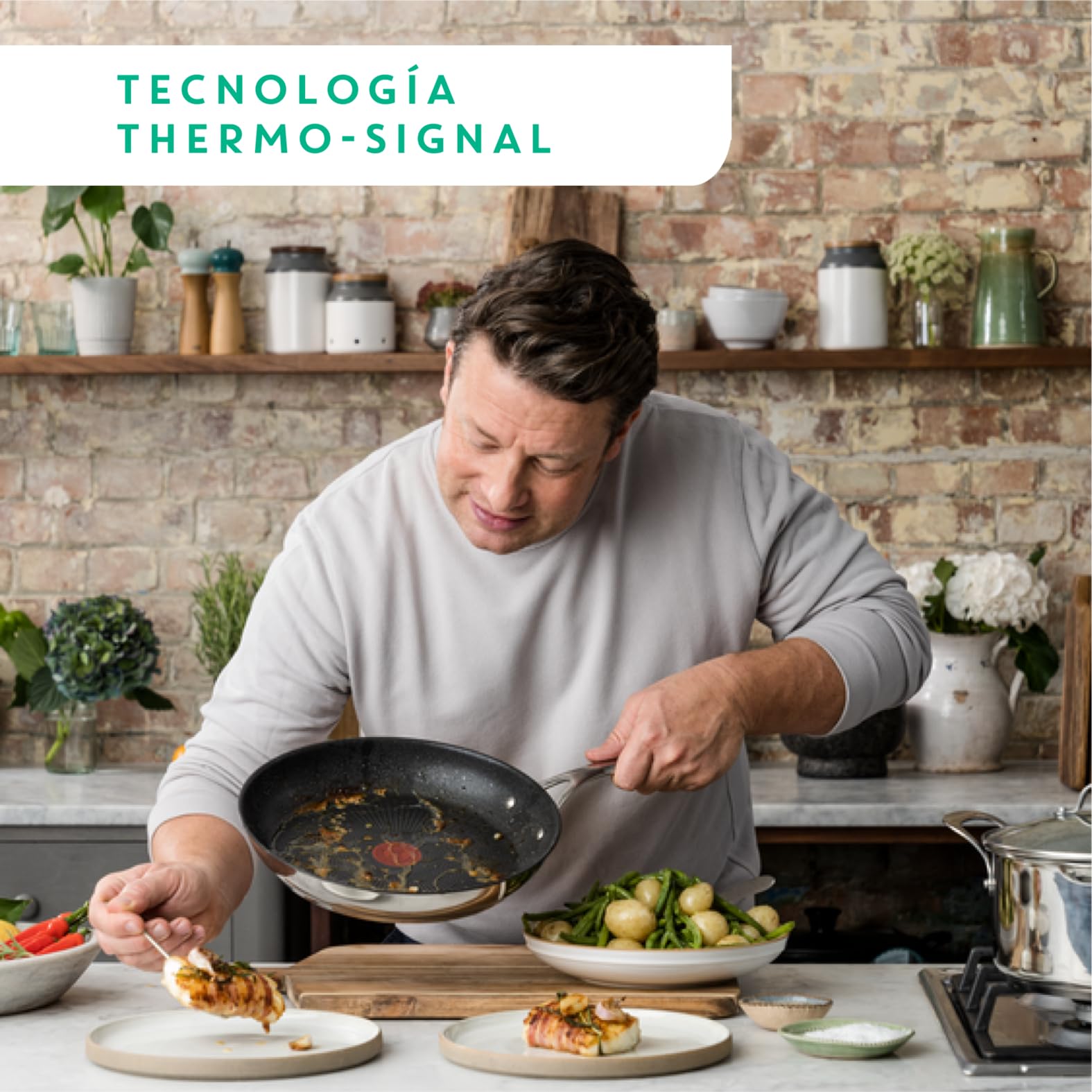 Tefal Jamie Oliver - Juego de 2 Sartenes antiadherentes 20/28 cm + 3 Cazos 16/18/20 cm + 3 Tapas, Apto inducción, Thermo-Fusion, marcas medición, apto lavavajillas y horno, acero inoxidable