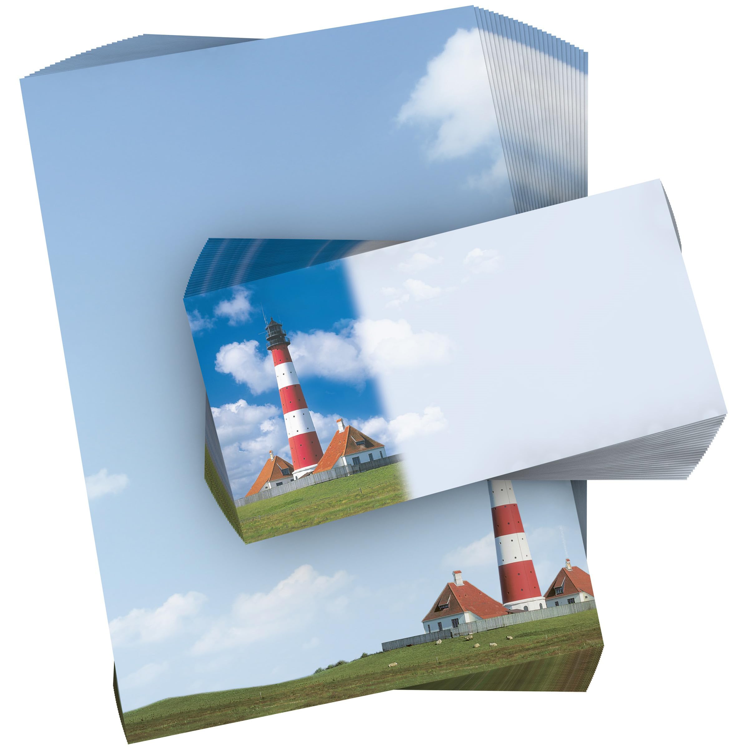 Dirxbuschinger Writing Paper Stationery Set with Westerhever Lighthouse Motif, 40 Pieces Includes 20 Sheets of Paper + 20 Envelopes, Multicolor, A4, DIN Long