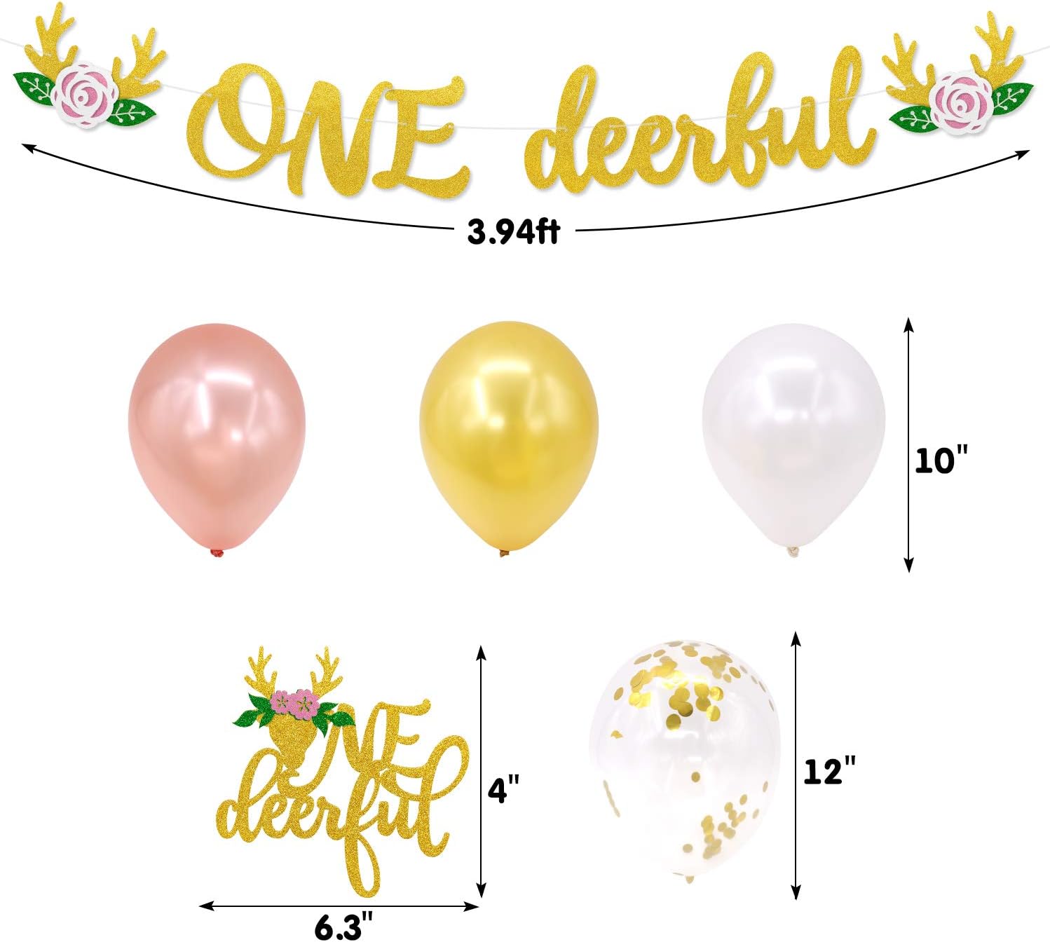 Deer One Birthday Party Decorations, ONE-deer-ful Banner Cake Topper Latex Balloons for Baby Girls Floral Woodland Wild One Deer First Birthday Party Supplies