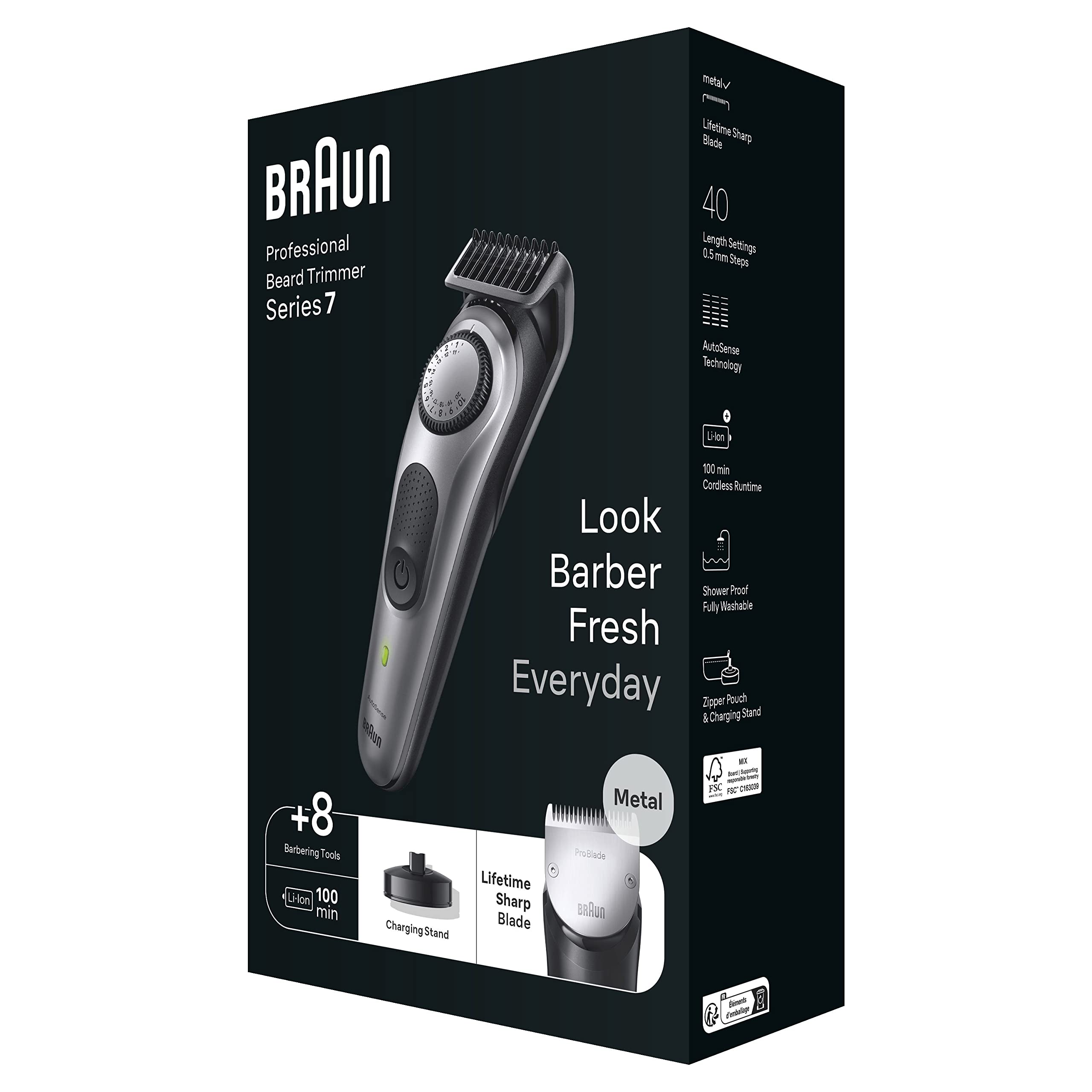 Braun Series 7 RASOIO ELETTRICO BARBA Con lama barba Problade, REGOLABARBA UOMO 40 Lunghezze, Accessori Da Barbiere, Base Di Ricarica, Custodia, BT7420 Nero/Verde Elettrico