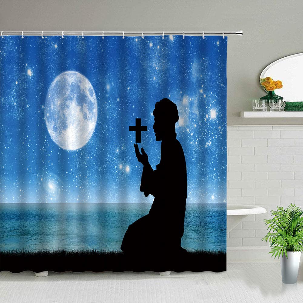 Weihnachts-Duschvorhang – Jesus Geburt Szene, Blau Mit Sternenhimmel, 180x198 Cm, Polyester