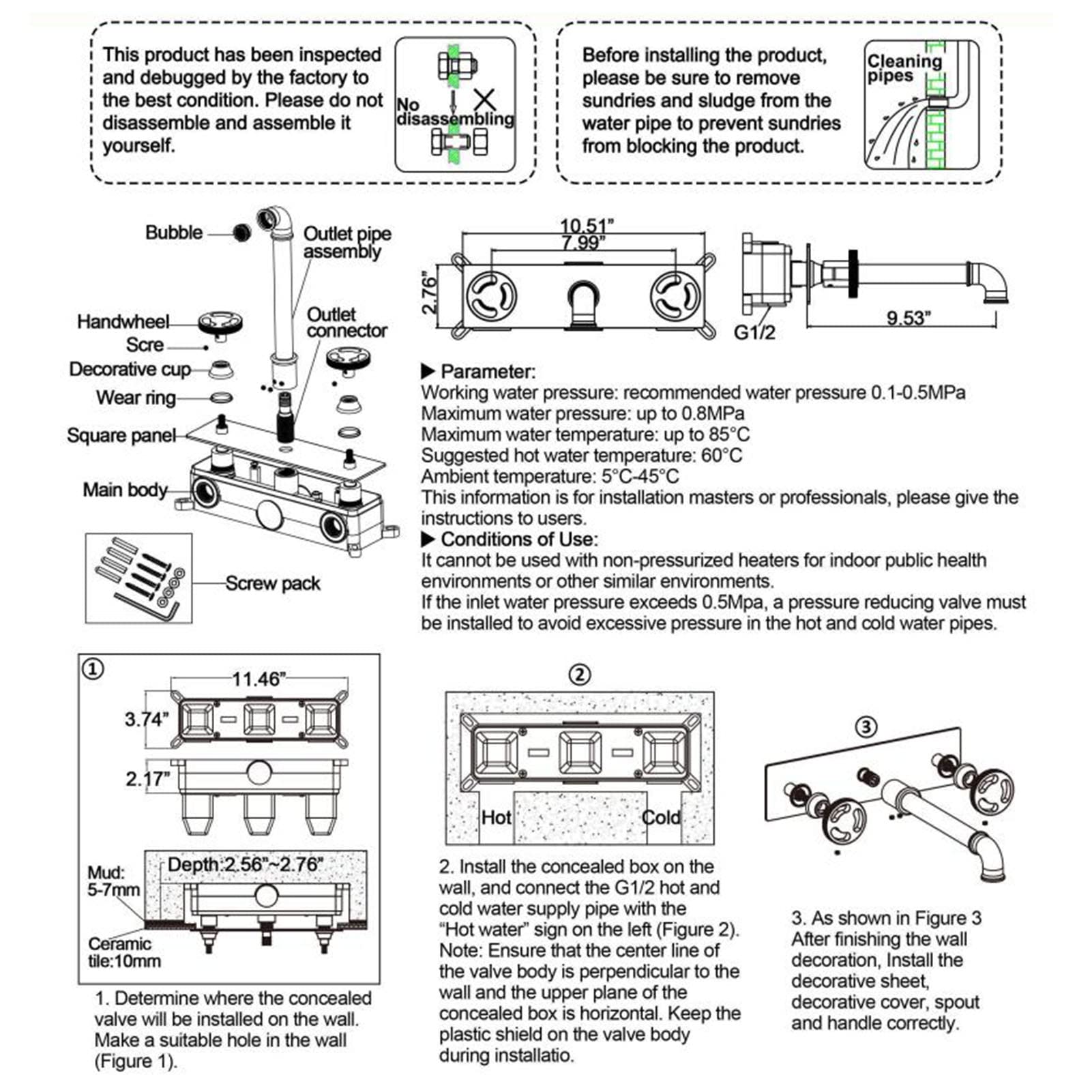 Grifo de baño Industrial montado en la Pared, Grifo de baño de latón con Doble manija, Grifo Mezclador de baño, Grifo para Lavabo de baño, Grifo de Lavabo, Grifo de bañera, Negro Mate