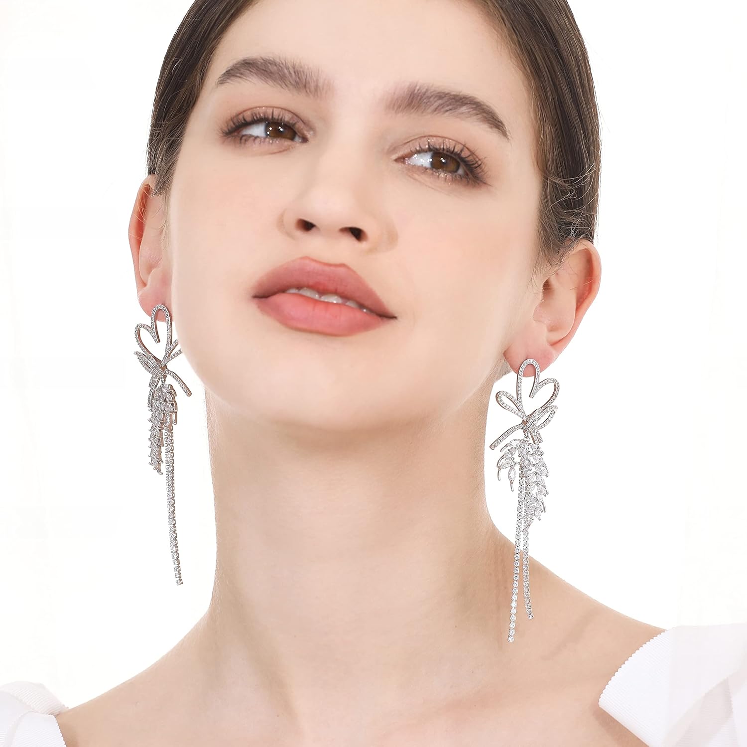 Wedding Earrings for Brides, Silver Earrings for Women, 18K White Gold Plated Sterling Silver Post Cubic Zirconia Dangle Earrings, Clear Crystal Hypoallergenic Chandelier/Tassel Earrings - Image 8