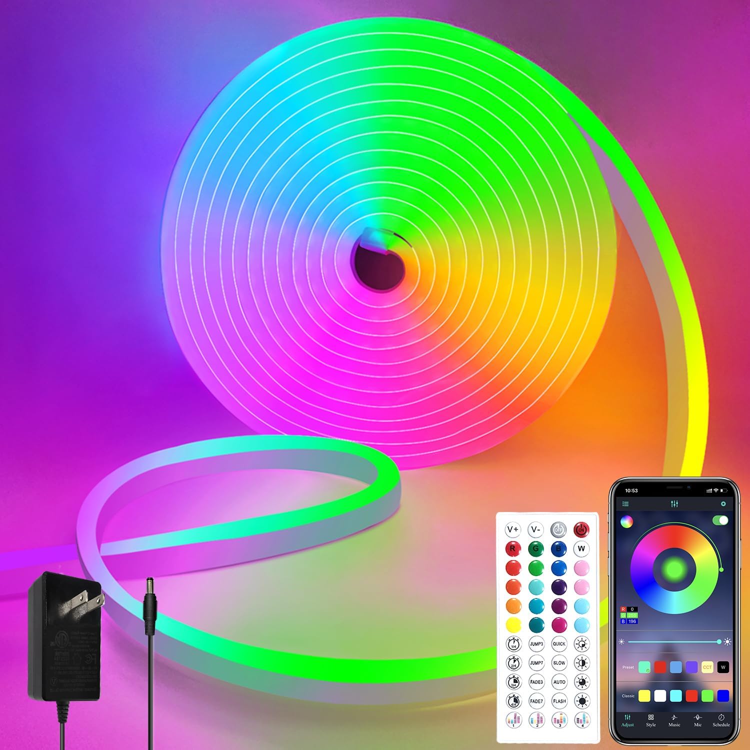 16.4Ft LED Neon Rope Lights — Music Sync IP65 Waterproof Flexible LED Rope Lights, 44 Key Remote/APP Control, Outdoor RGB Neon Lights, DIY Wall Decor LED Neon Strip Lights for Bedroom Indoor.