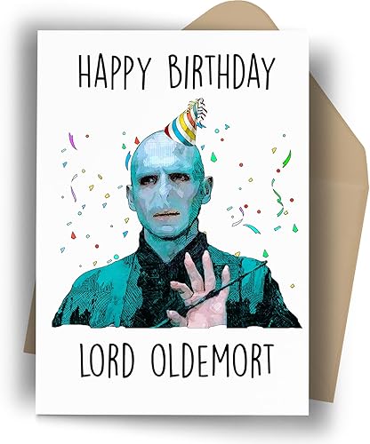 Funny Wizard Theme Birthday Card — “Lord Oldemort” Parody Design, Blank Inside, Includes Envelope