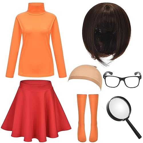 HMPRT Halloween Deluxe Adult Costume for Women,Brown Bob Wig,Turtleneck Top,Skater Skirt,Magnifying Glass,Socks and Glasses - Orange - XX-Large