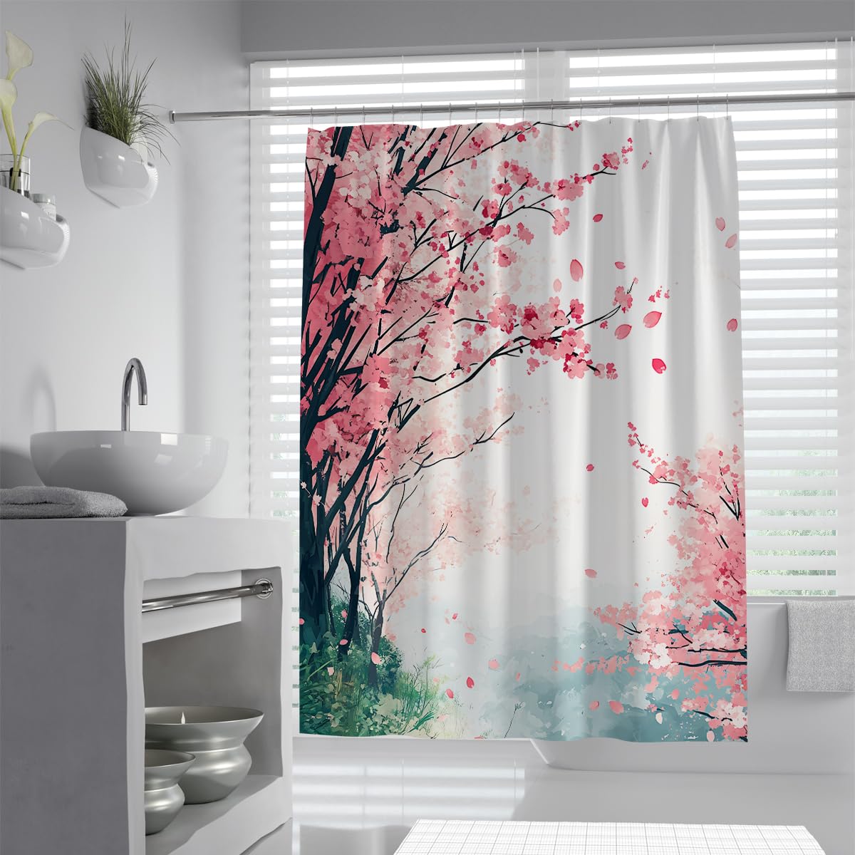 UIRINGART Chic Oriental Cherry Blossom Shower Curtain W120xL180cm Pink Sakura Branch Petal Mildew Resistant Water Repellent Bath Curtains Bathroom Decor With Hooks