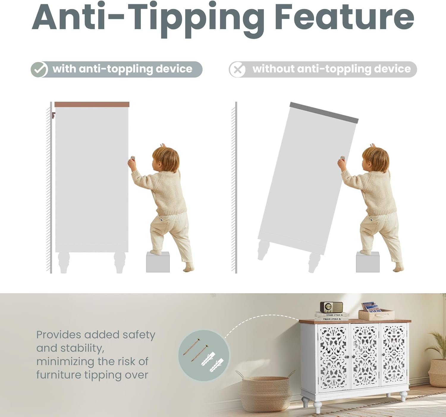 PHI VILLA White Accent Cabinet with Doors, Farmhouse Credenza Cabinets for Living Room, Sideboard Buffet Cabinet with Storage