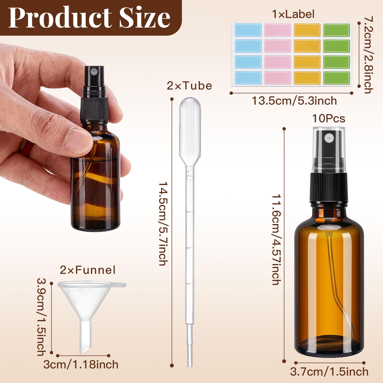 Tiusixsy 10 Stück Braunglas Sprühflasche 50ml, Sprühflasche Klein Glas mit Trichter und Tropfer, Zerstäuber für Ätherisches Öle, Parfüm, Kosmetik, Reinigung und Aromatherapie - 2