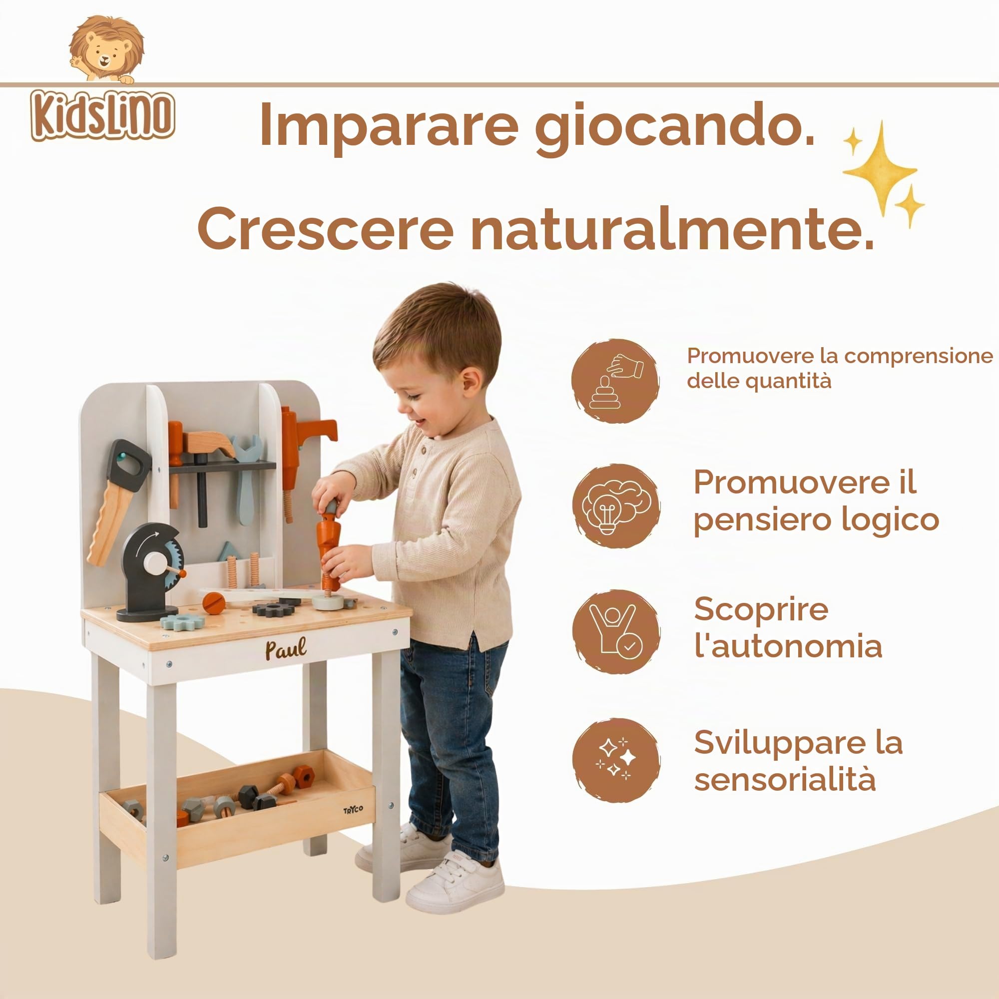 Personalizzato Banco da Lavoro in Legno con Attrezzi – stimola la motricità fine & il gioco di ruolo – per bambini dai 3 anni – personalizzato con il nome – Tryco