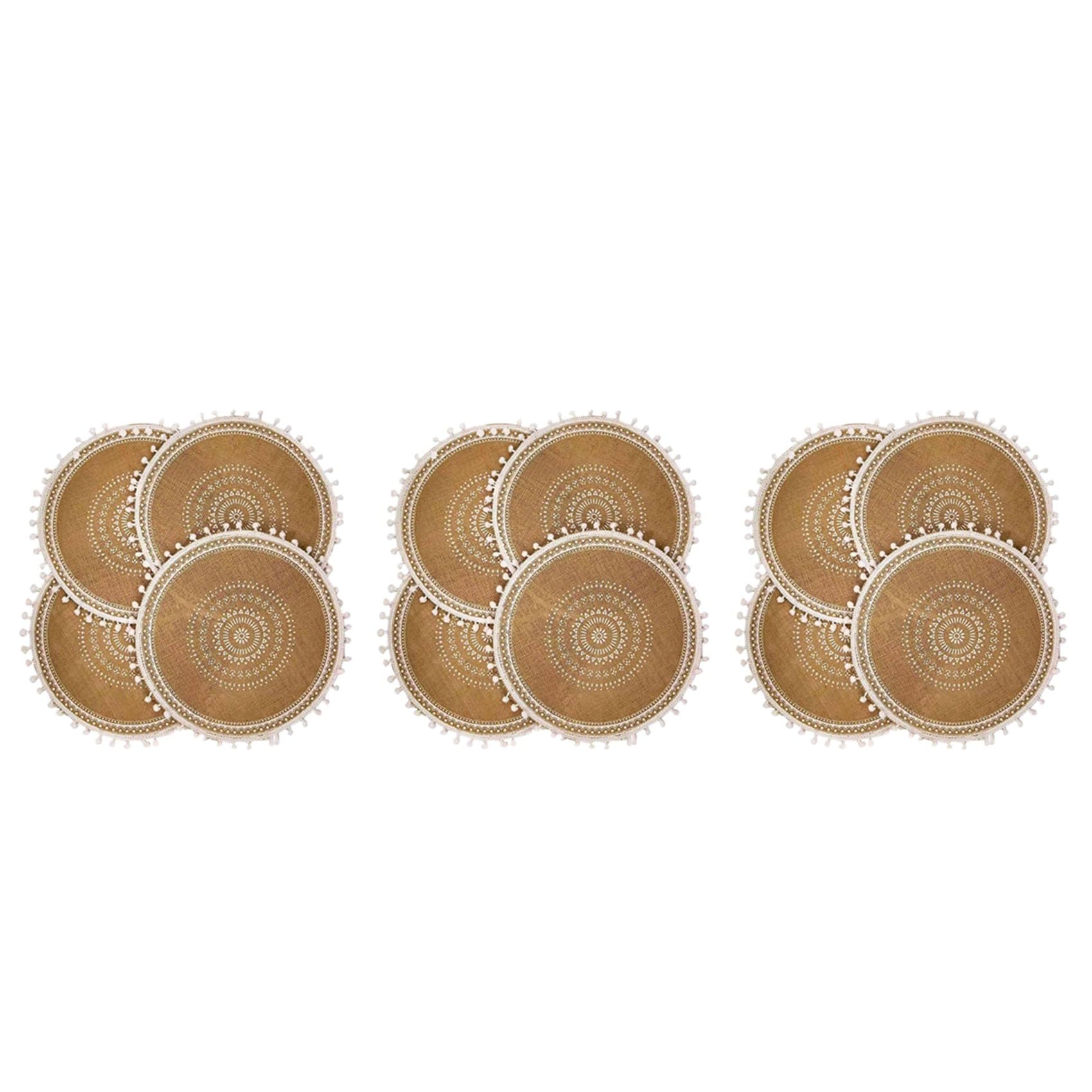 Hndhbfgrt Round Placemats Set of 12,Boho Woven Jute Table Mats with Pompom Tassel for Dining Room Kitchen Table Decor(White Ball)