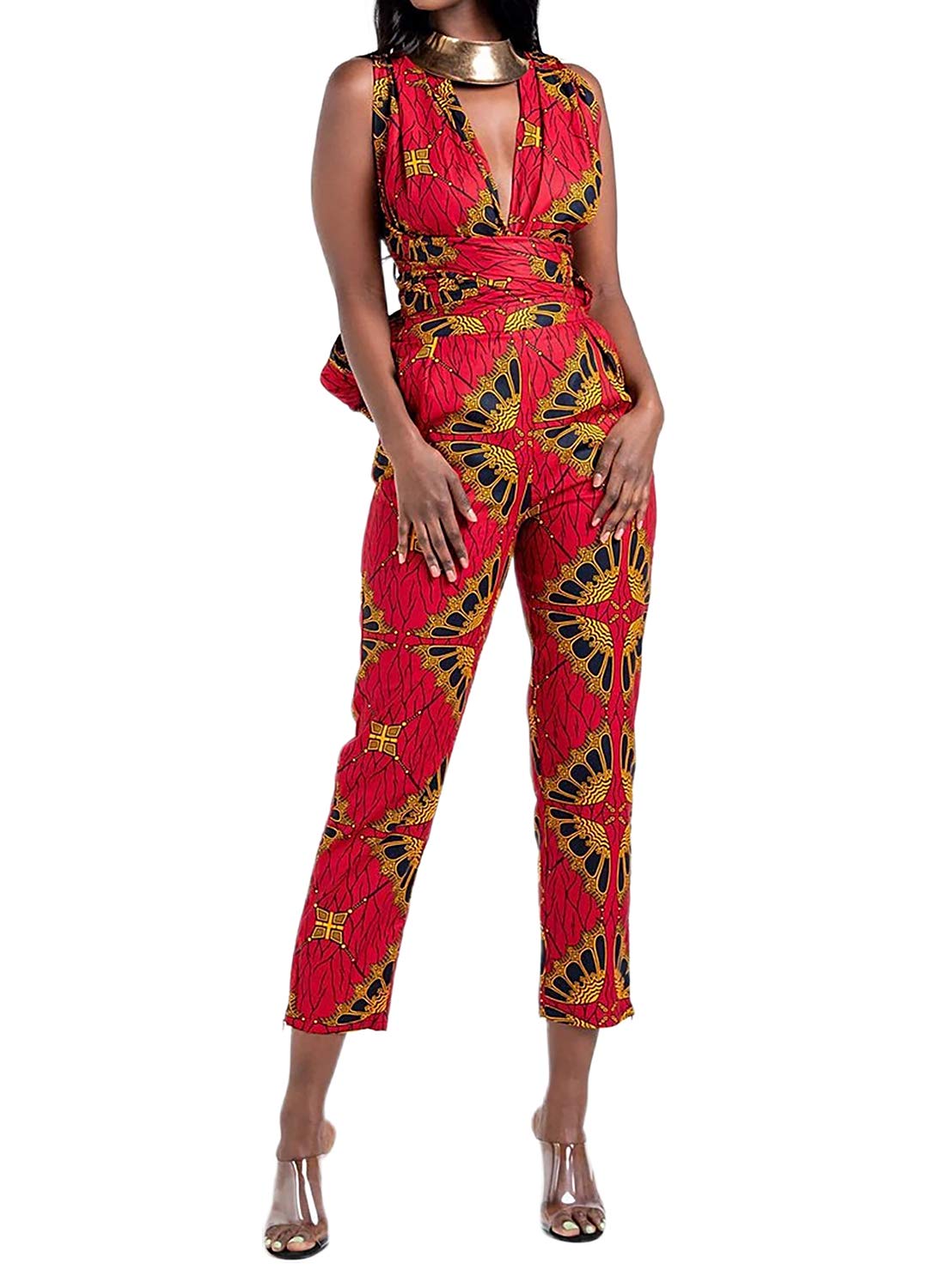 VimoisaWomen Sexy Boho African Jumpsuits Printing Rompers V-Neck Multi-Way Wide Leg Pants