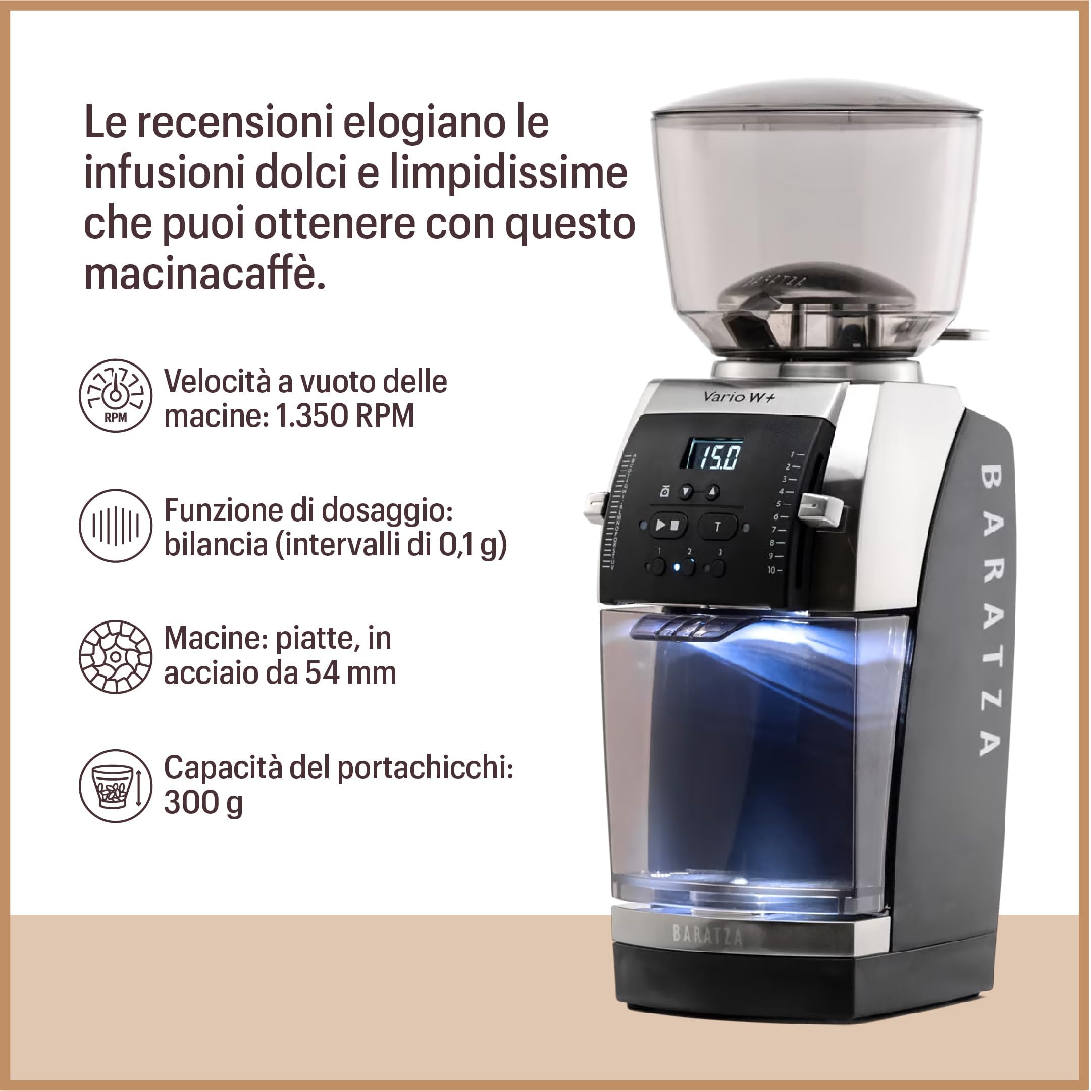 Baratza - Macinacaffè Vario W+ 230V - Elettrodomestici per la Casa, Macina Caffè Elettrico per Caffè in Grani - Grinder con Bilancia Integrata, Bianco