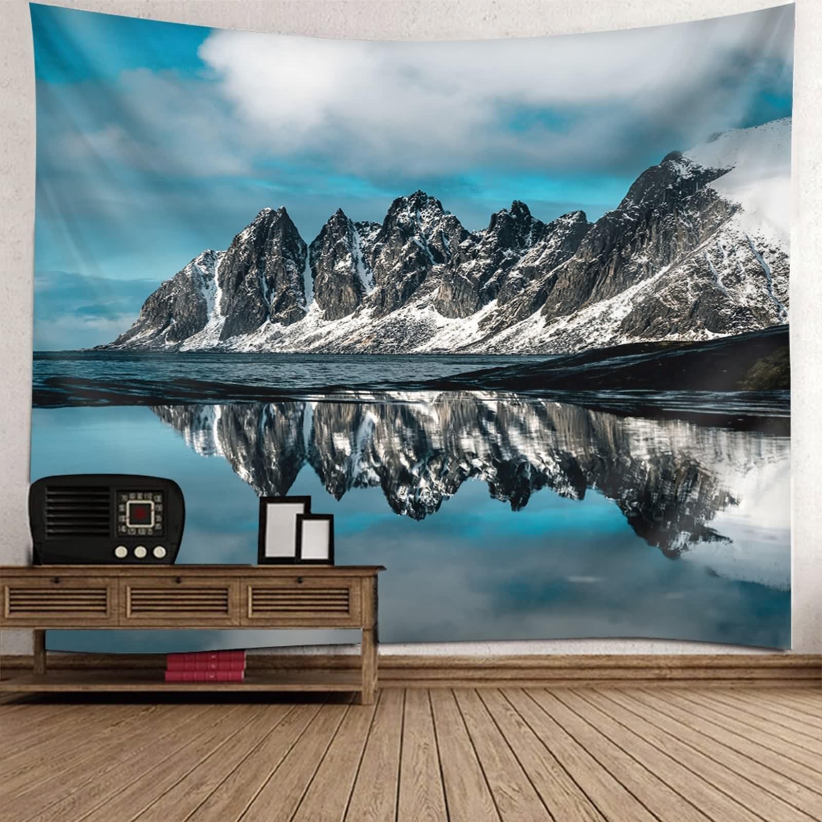 Tapiz de pared gris, azul y verde, poliéster para colgar en la pared, diseño natural de mar y montaña, para salón, dormitorio, decoración de pared, 260 x 240 cm