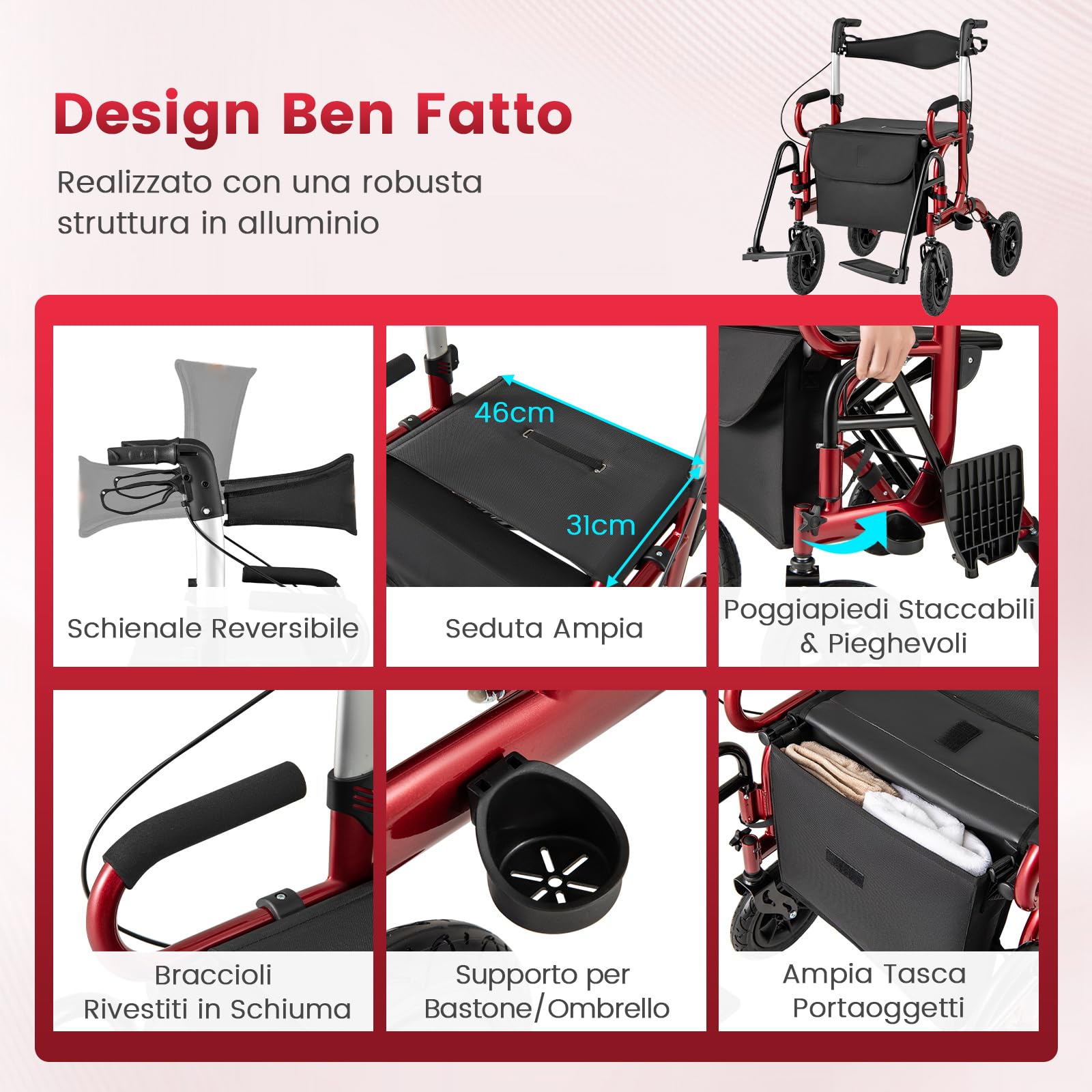GYMAX 2 in 1 Deambulatore, Sedia a Rotelle in Alluminio Leggero con Altezza Regolabile, Pneumatici Gonfiabili per Vari Terreni, Pieghevole per Anziani/Disabili (Rosso)