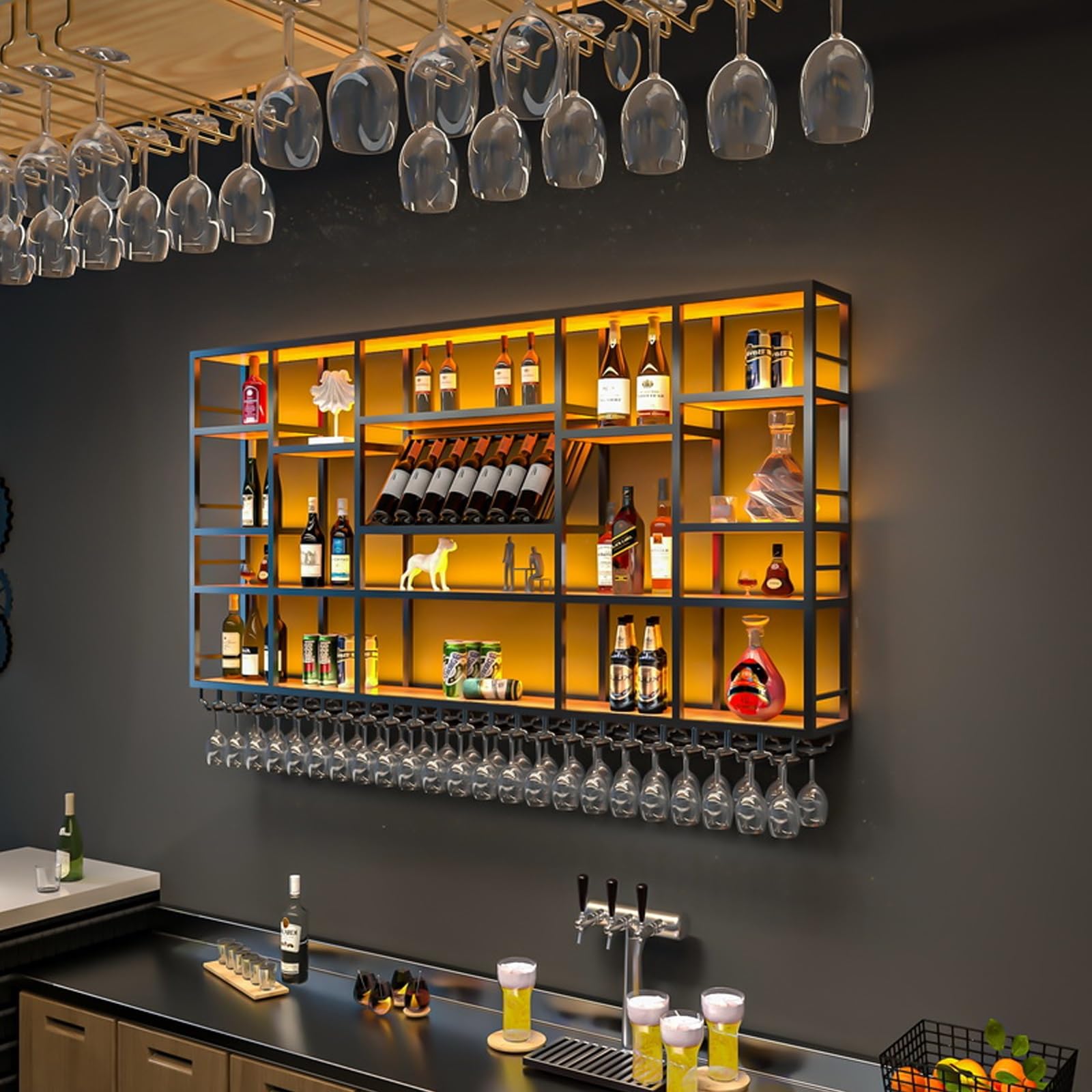 Portabottiglie da parete con luce a LED, 198,1 cm, in metallo, elegante contenitore per casa, bar, design salvaspazio, perfetto per gli amanti del vino e gli appassionati di decorazione.