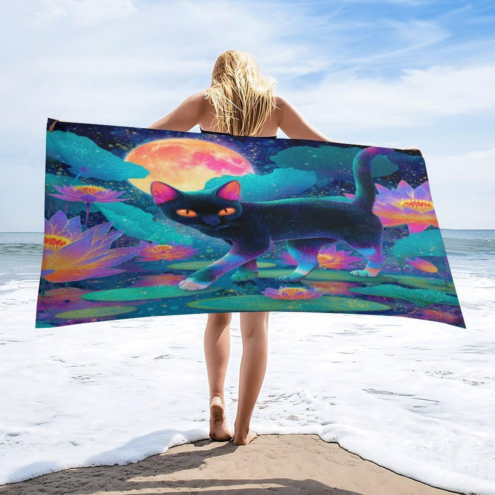 Luyysky Cute Realistic Black Cat Quick-Drying Beach Towel, Rustic Vintage Full Moon Galaxy Lotus Flowers Leaves Animal Kitten Travel Vacation Single Sided Pile Bathroom Towels-80 W Cm X 160" L Cm