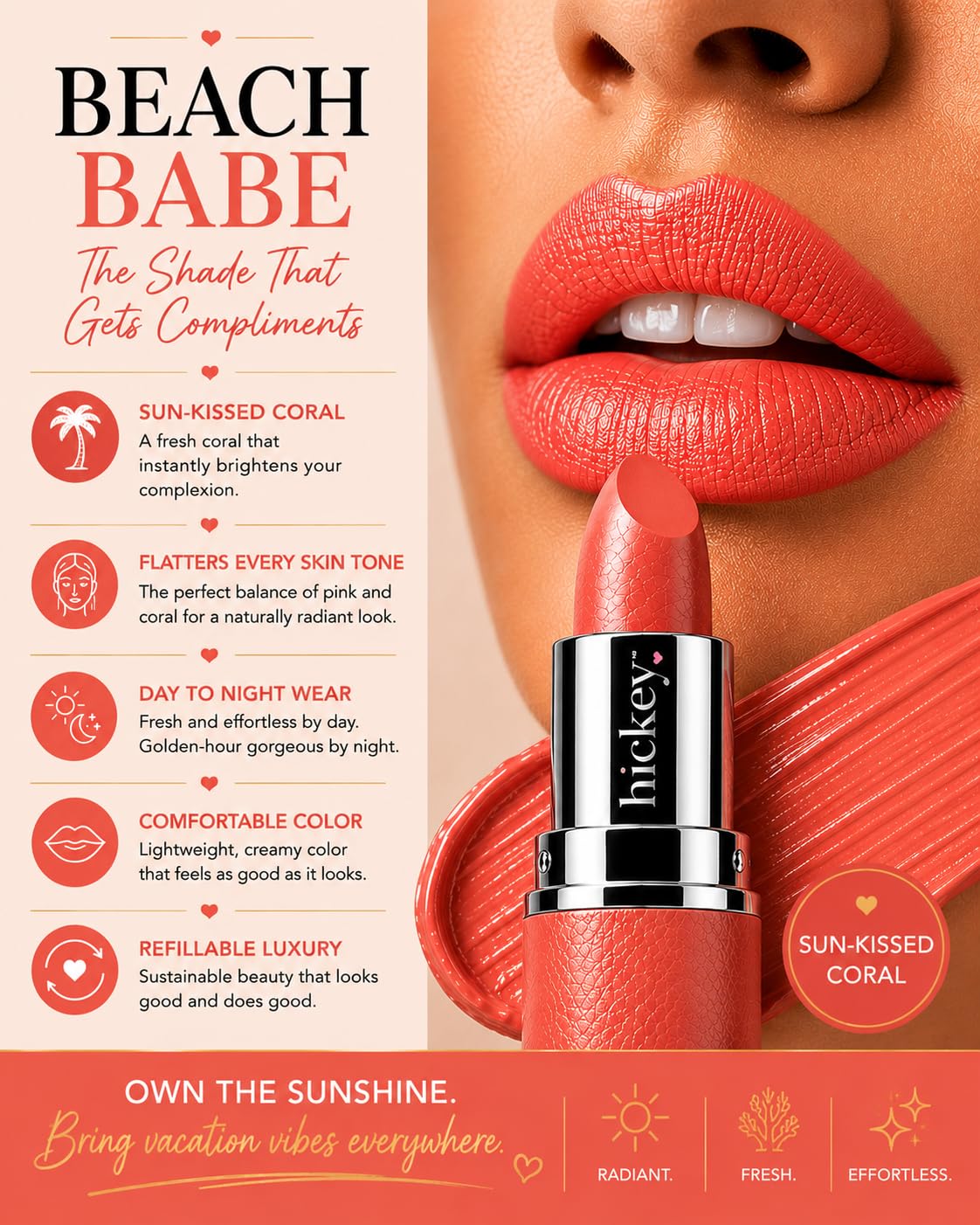 Hickey Lipstick Lot de 2 : rouge à lèvres rose clair et corail sans gluten, hydratant et durable, rouge à lèvres végétalien pour femmes avec caden rose clair et corail 1 O