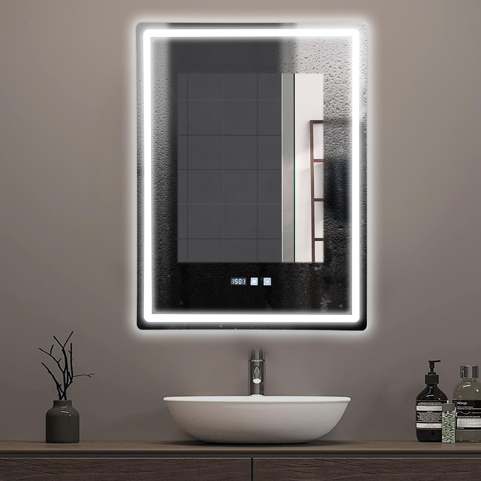 Miroir de Salle de Bain avec Éclairage 60 x 80 cm, LED avec 3 Couleurs de lumière à intensité Variable, Désembuage, Miroir Lumieux Mural Dimmable pour Coiffeuse, Chambre