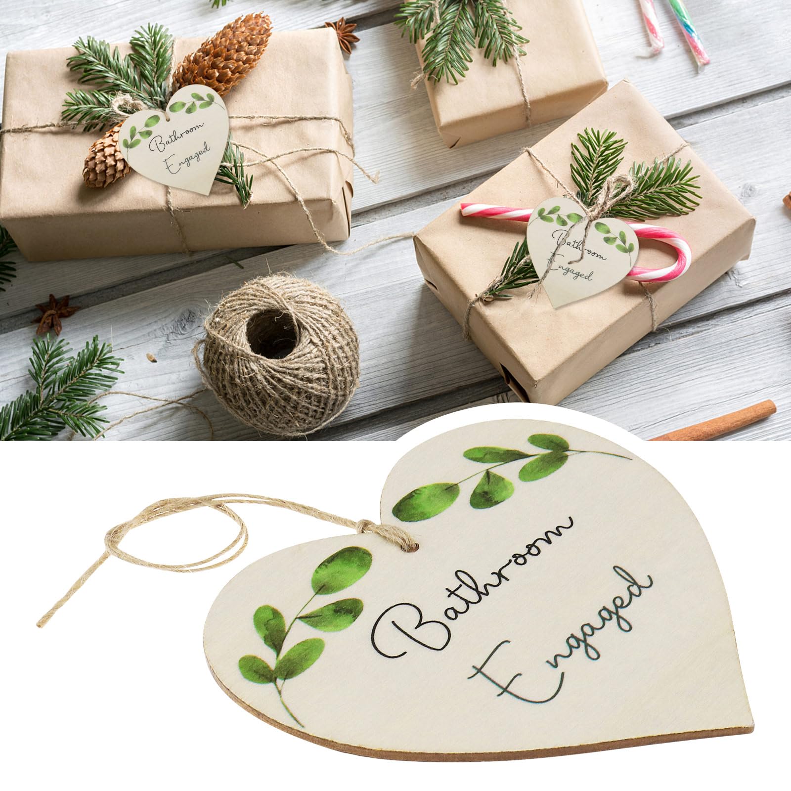 SG Store 2pcs Hanging Signs for Bathroom Double Sided Wooden Heart Shaped Sign Leaf Accents Bathroom Door Handles Includes Hanging Ropes - Image 2