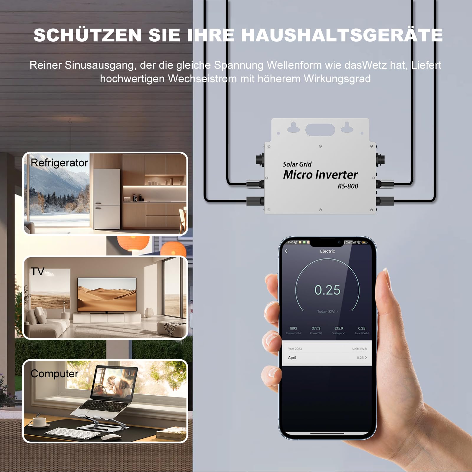 Mikro-Wechselrichter 800W mit AC-Kabel, MPPT Solar-Netzeinspeisung, Plug & Play, WiFi APP Überwachung, für Balkonkraftwerk