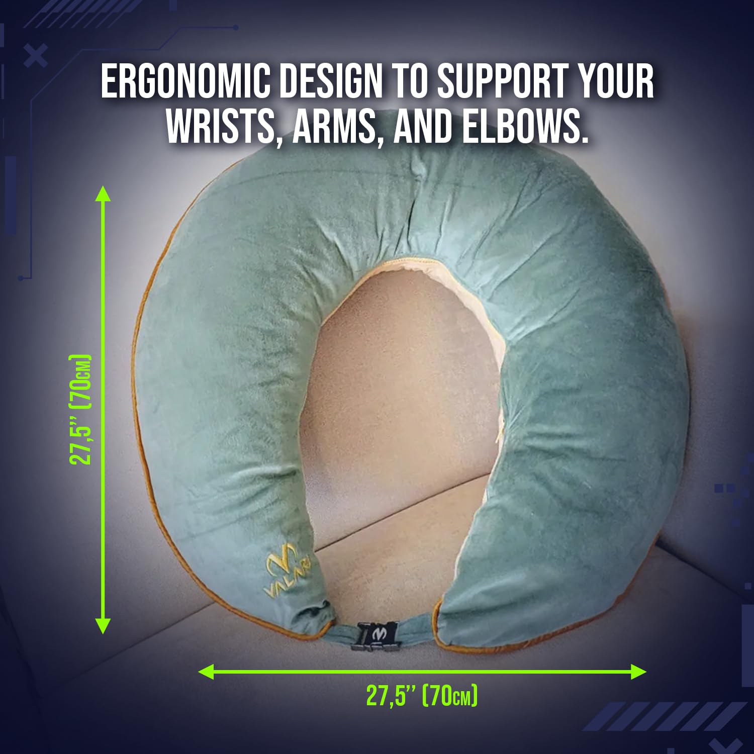 Valari Legendary Pillow Reading, Gaming, & Crochet Support Pillow Ergonomic Arm Pillow for Adults with a Breathable, Machine-Washable Cover Computer Pillow Made with Dacron Filling (Sage & Yellow)