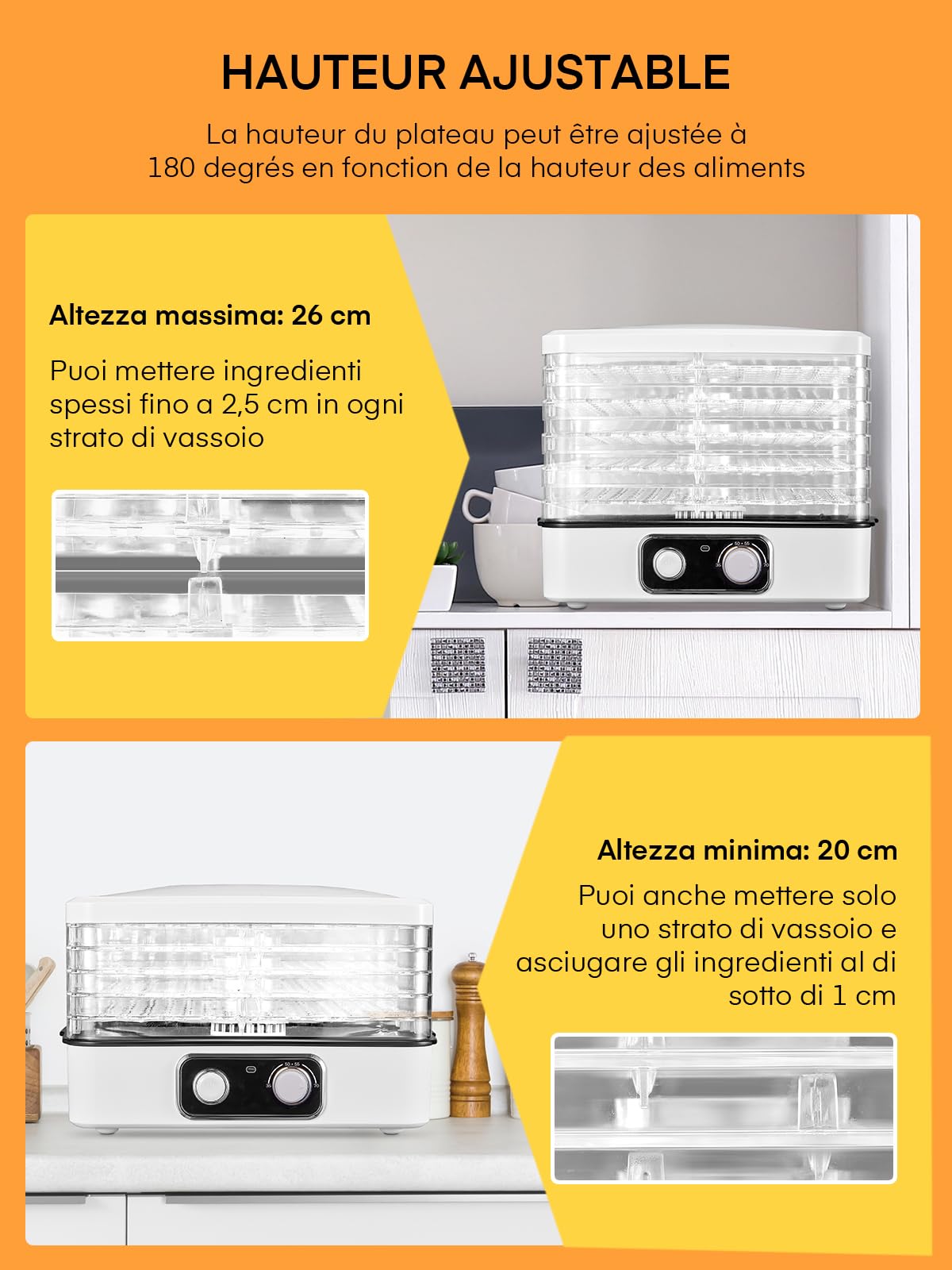 FOHERE Déshydrateur Alimentaire électrique, 240w Ménage Machine à Sécher Les Fruits, Température Réglable 35-70°C), 5 Plateaux Transparents Amovibles, Pour Fruits, Légumes, Viande, Poisson, Recettes
