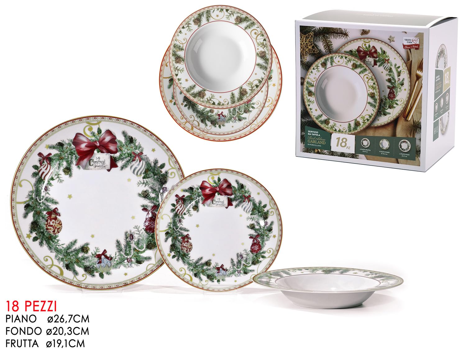 Servizio Piatti di Natale completo per 6 Persone 18 PZ ghirlanda fiocco rosso in Porcellana tavola elegante natalizia decorazioni agrifoglio pigne palline idea regalo