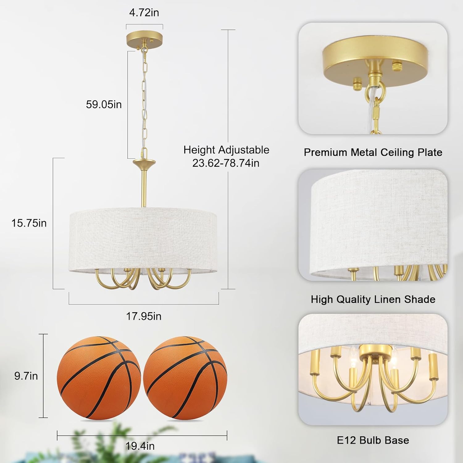 18" Gold Drum Chandelier for Dining Room, 6-Light Farmhouse Chandelier Gold Drum Hanging Light Fixture for Kitchen Island Bedroom Living Room Entryway Foyer