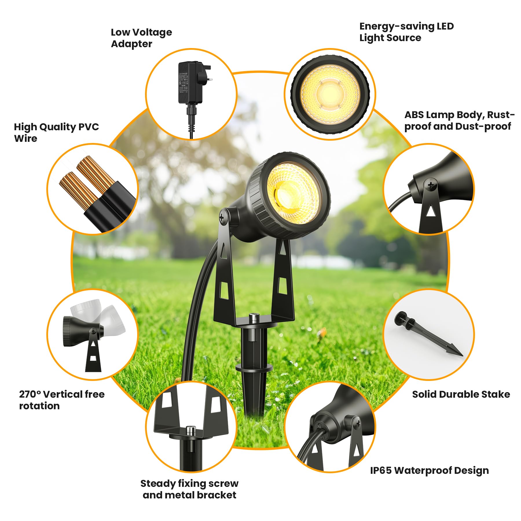 Zuske Garden Spot Lights Mains Powered, 6-in-1 LED Outdoor Spotlights with Adapter - Image 3