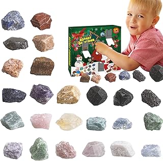 Gemstone Advent Calendar, 24Days Christmas Rock Advent Calendar, Countdown Minerals Fossils Advent Calendar with 24 Stones, Natural Crystal Agate Calendar for Girls Boys Geology Enthusiasts