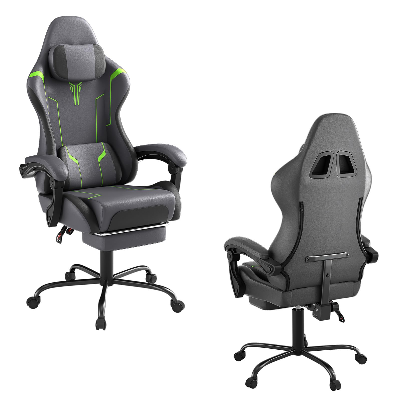 UISEBRT Silla ergonómica para juegos con masaje y reposapiés, cómodo sillón para videojuegos, respaldo ajustable, reposacabezas y cojín lumbar de masaje, gris y verde