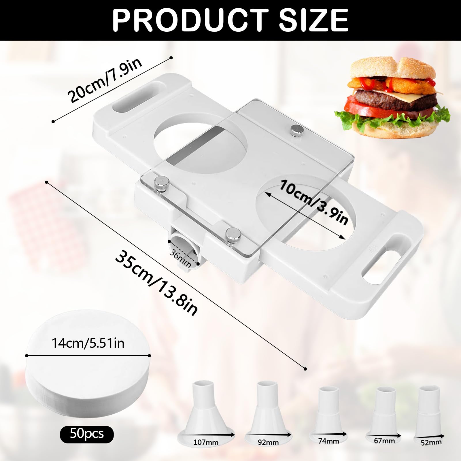 Presse Steak Haché, Fabricant de Moules de Pressage de Hamburger Pressing Maker avec 50 Papiers Antiadhésifs et 5 Tubes adaptateurs Burger Machine Meat Patty Forming pour Saucisse Remplisseur Viande