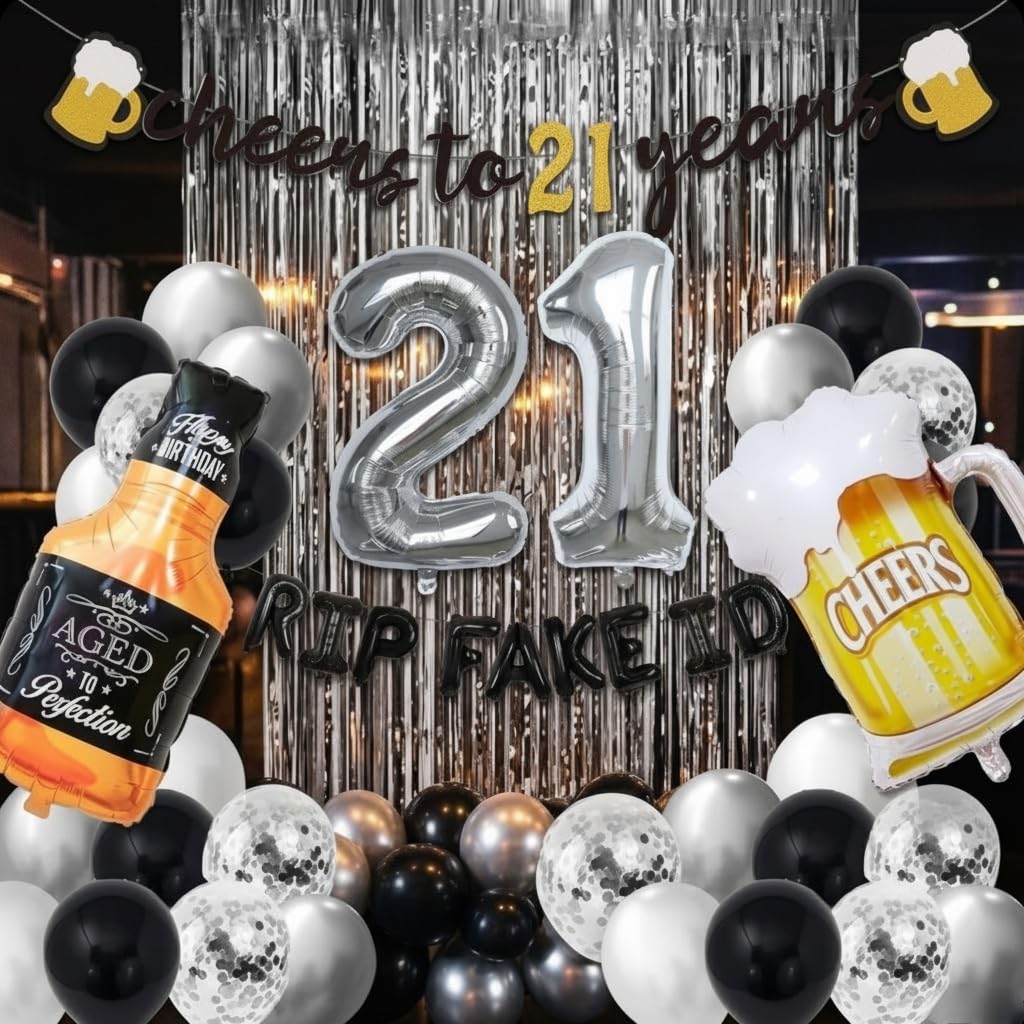 21st Birthday Decorations for Him - Black &amp; Silver 21st Birthday Decor for Her with Cheers 21 Years Banner, Curtains, Confetti &amp; Number Balloons