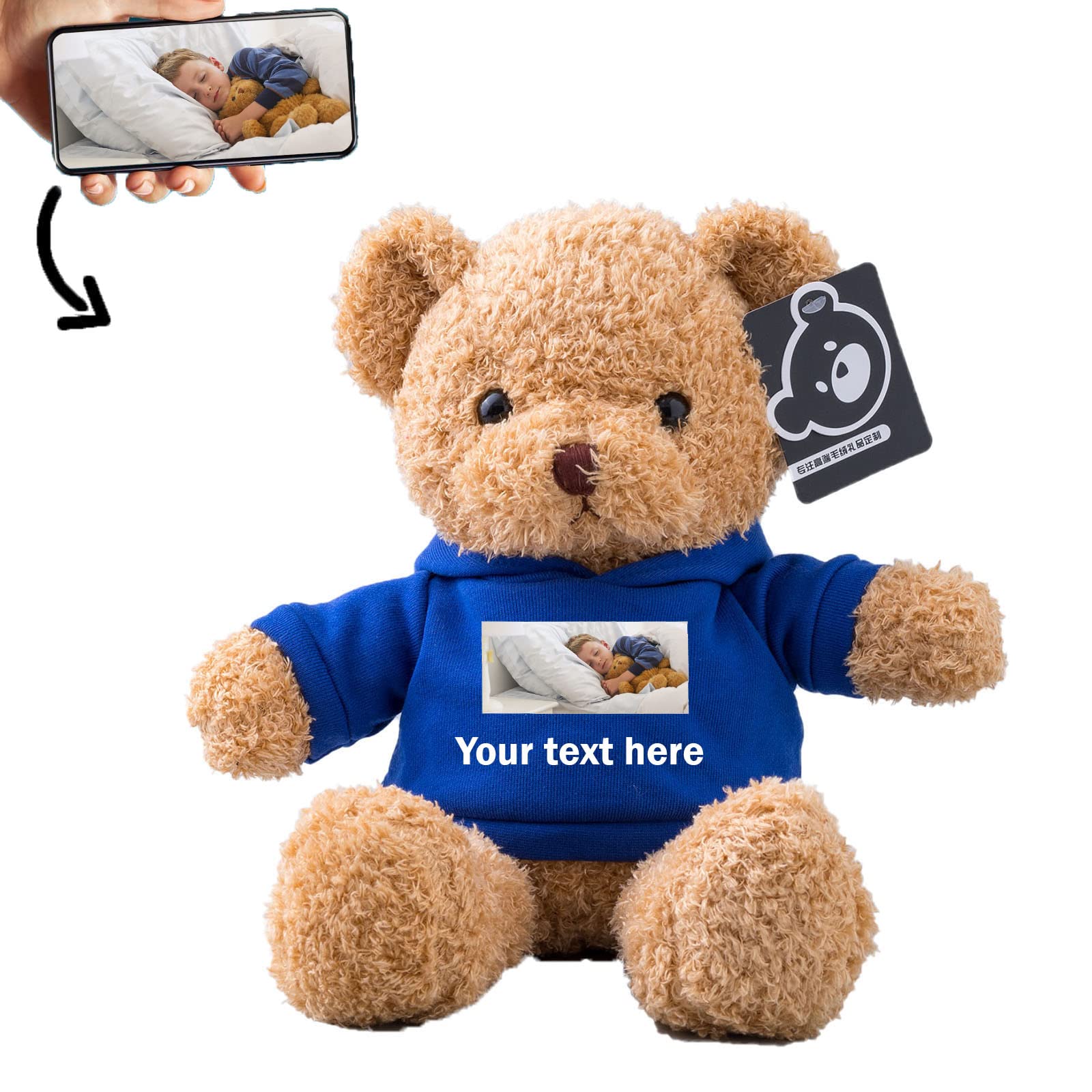 ADORSUN Personalised Teddy Bear with Photo +Custom Text, Stuffed Animal Bear Plush as Personalised Gifts for Women/Men on Valentines' Day/Birthday/Anniversary/Christmas（16inch-Hoodie-Blue