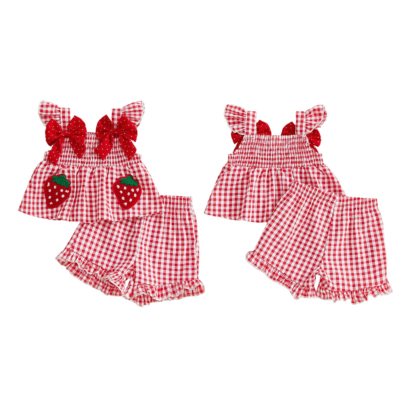 Toddler Baby Girl Summer Clothes Infant Girl Plaid Outfit Strawberry Ruffle Gingham Shirts Dress Tank Top Shorts Set — view 6