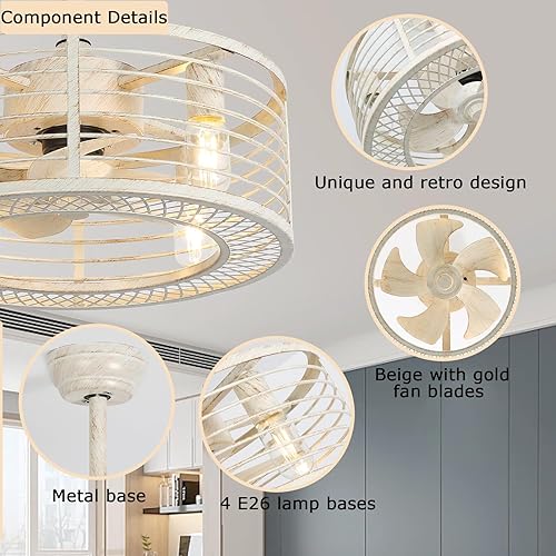 Miniatura 5 de FUMLTP Ventiladores de techo modernos de montaje empotrado blanco con luces, ventilador de techo de perfil bajo enjaulado de 18 pulgadas con luces y