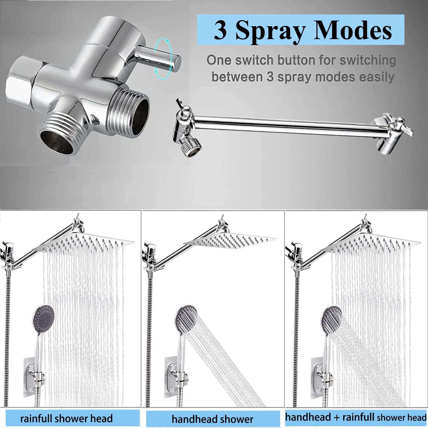 Bеѕt Prоmо Shower Head with Handheld, 10'' High Pressure Rainfall Shower Head / 5 Settings Handheld Showerhead Combo with Extension Arm, Shower Holder/78'' Hose (square)