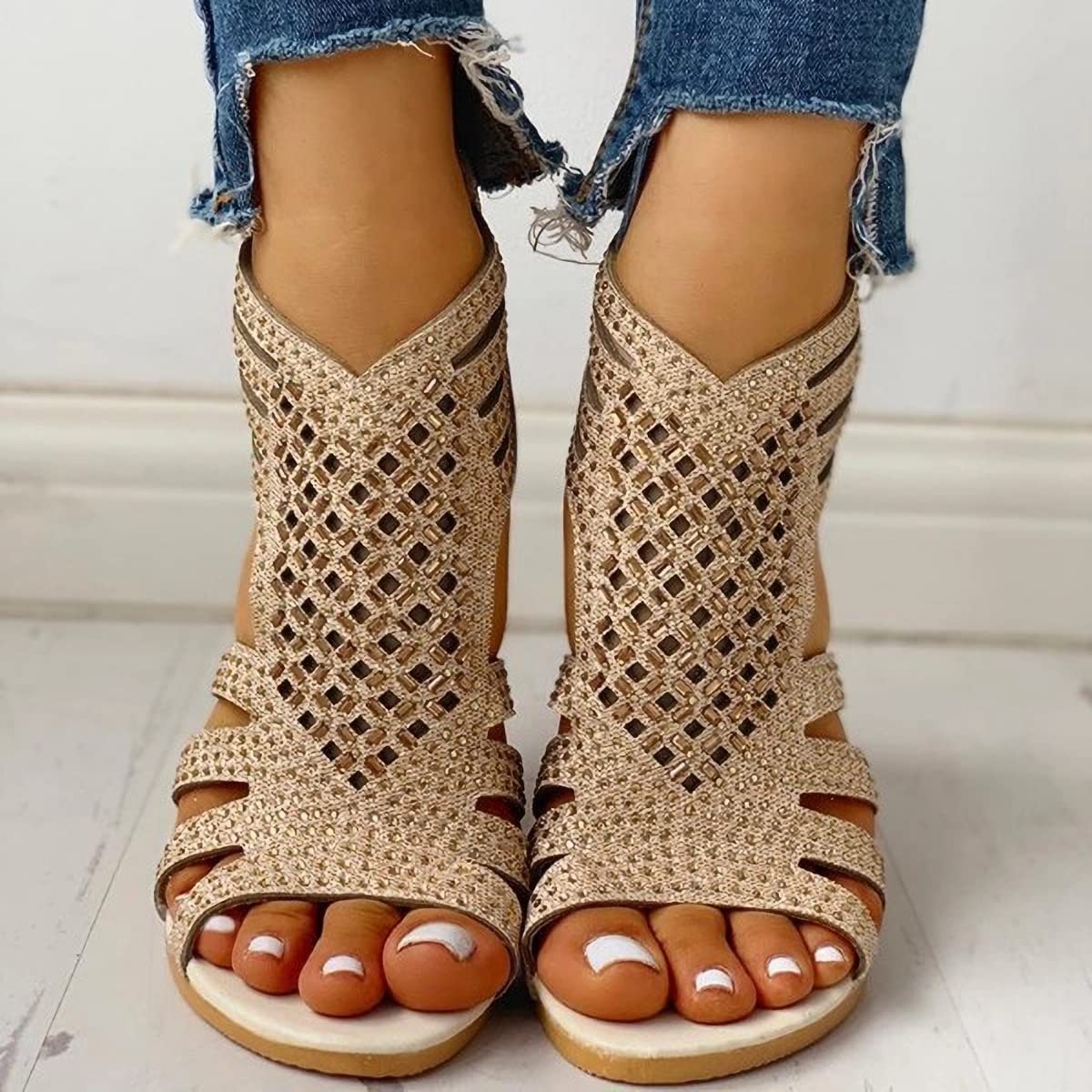 Hufuhufu Womens Crystal Gladiator Sandals Ladies Fashion Open Toe