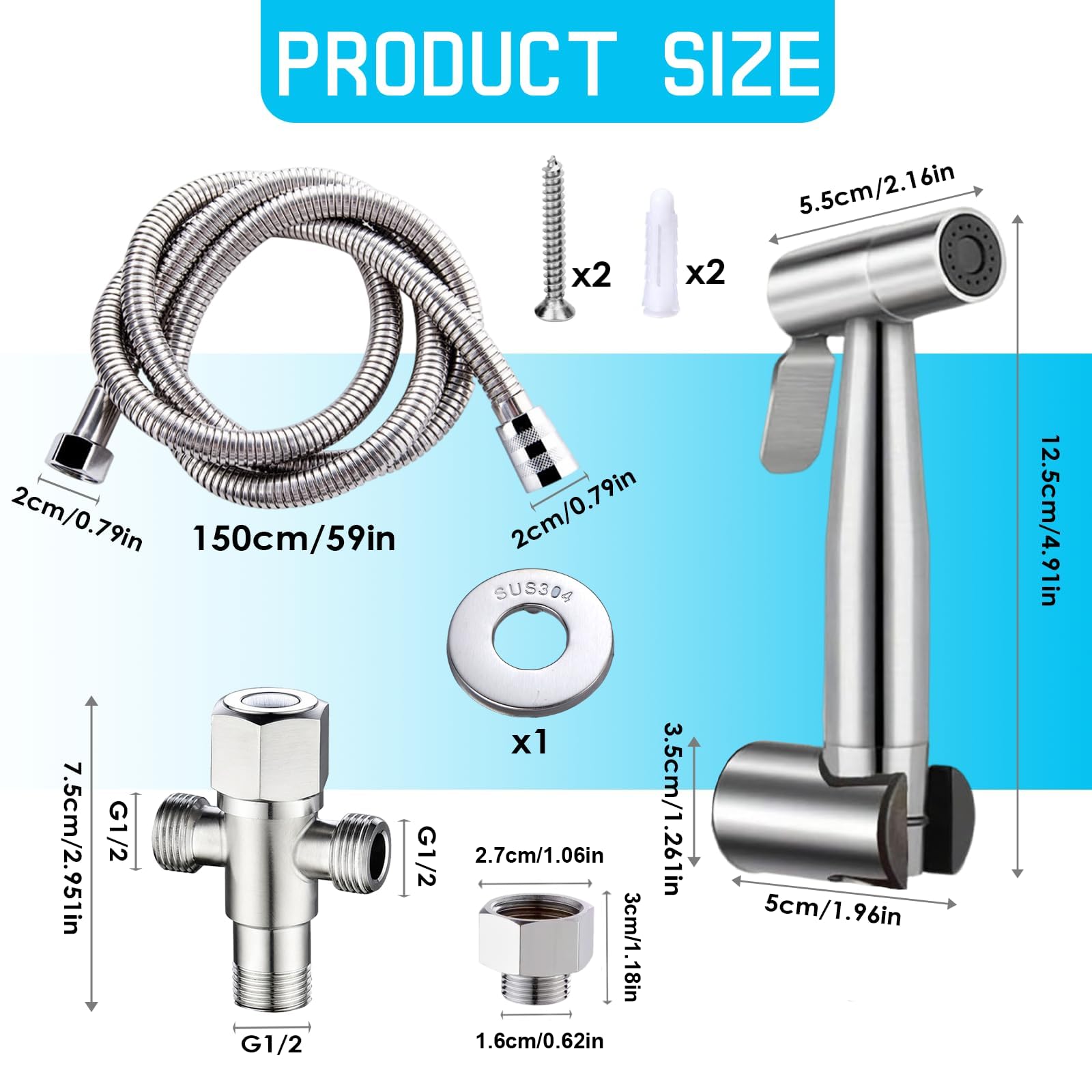 Bidet Handbrause Set mit 1,5 m Schlauch und 1/2 auf 3/8 Adapter, Edelstahl Handbrause für Toilette, Einfache Montage inkl. Zubehör für WC, Haustiere und Hygiene