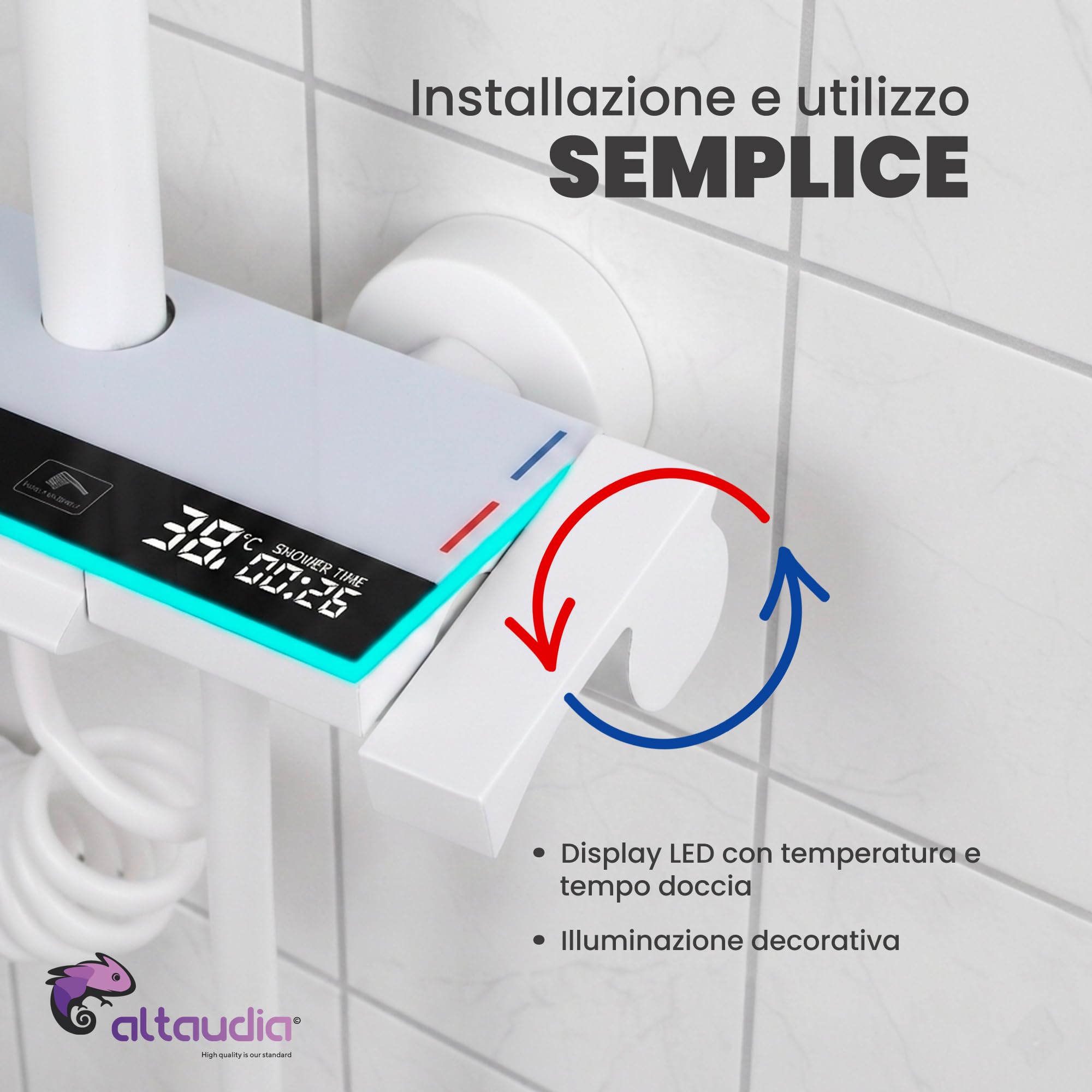Colonna Doccia Termostatica con Display LED - 4 Vie (Pioggia 30×20 cm, Doccetta, Spray 3 Modalità, Getto), Materiale Inox/ABS, SX Caldo/DX Freddo, Altezza Regolabile, Colore Bianco