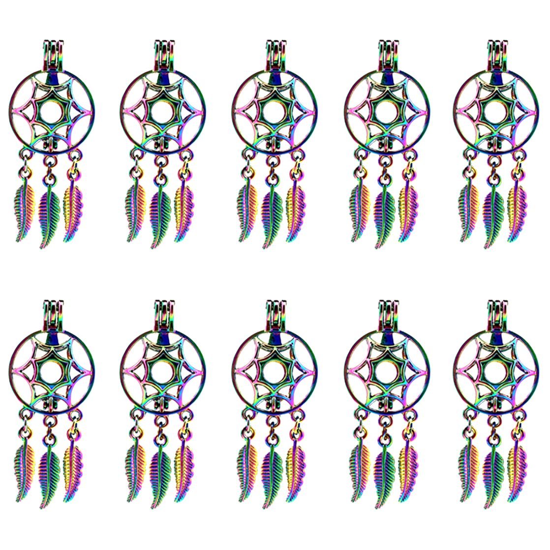 (10 Pack) Rainbow Color Dangle Dream Catcher Beads Cage Locket Pendant Charms