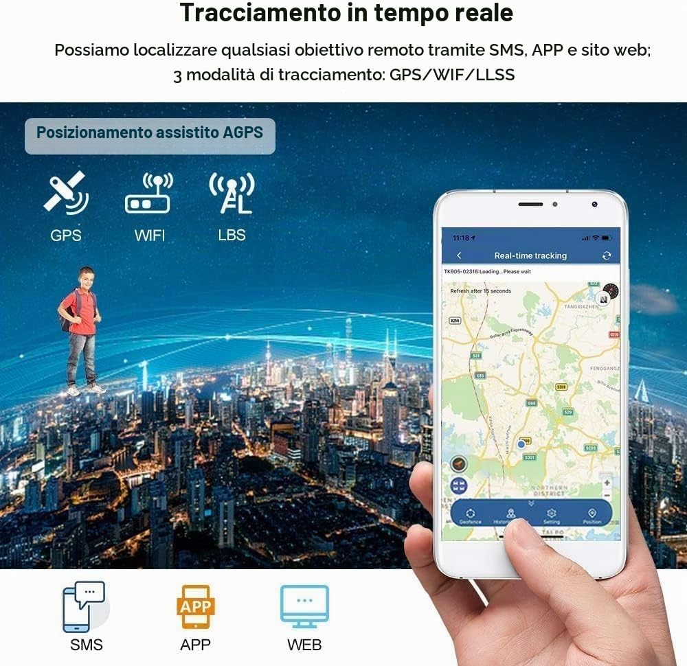 Micro Gps Tracker Spia Magnete Realtime Localizzatore GPS in Tempo Reale Satellitare Tracciatore di Posizione Portatile Batteria da 1500mAh, Geo-fence Alarm App Gratuita per Auto Moto Bambini