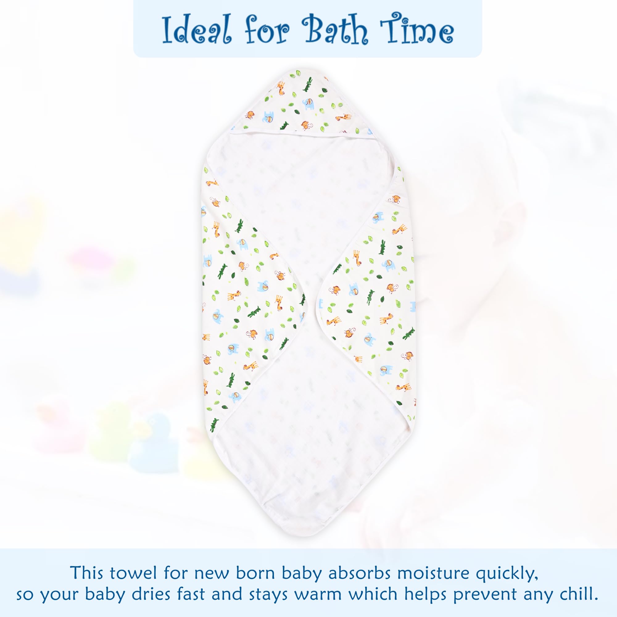 Urbane Home Pack of 2 Soft & Absorbant Cotton Hooded Towels for New Born Baby | Wrapping Bath Towel for 0-12 Months | 83x83 cm | Animal Print-White 2