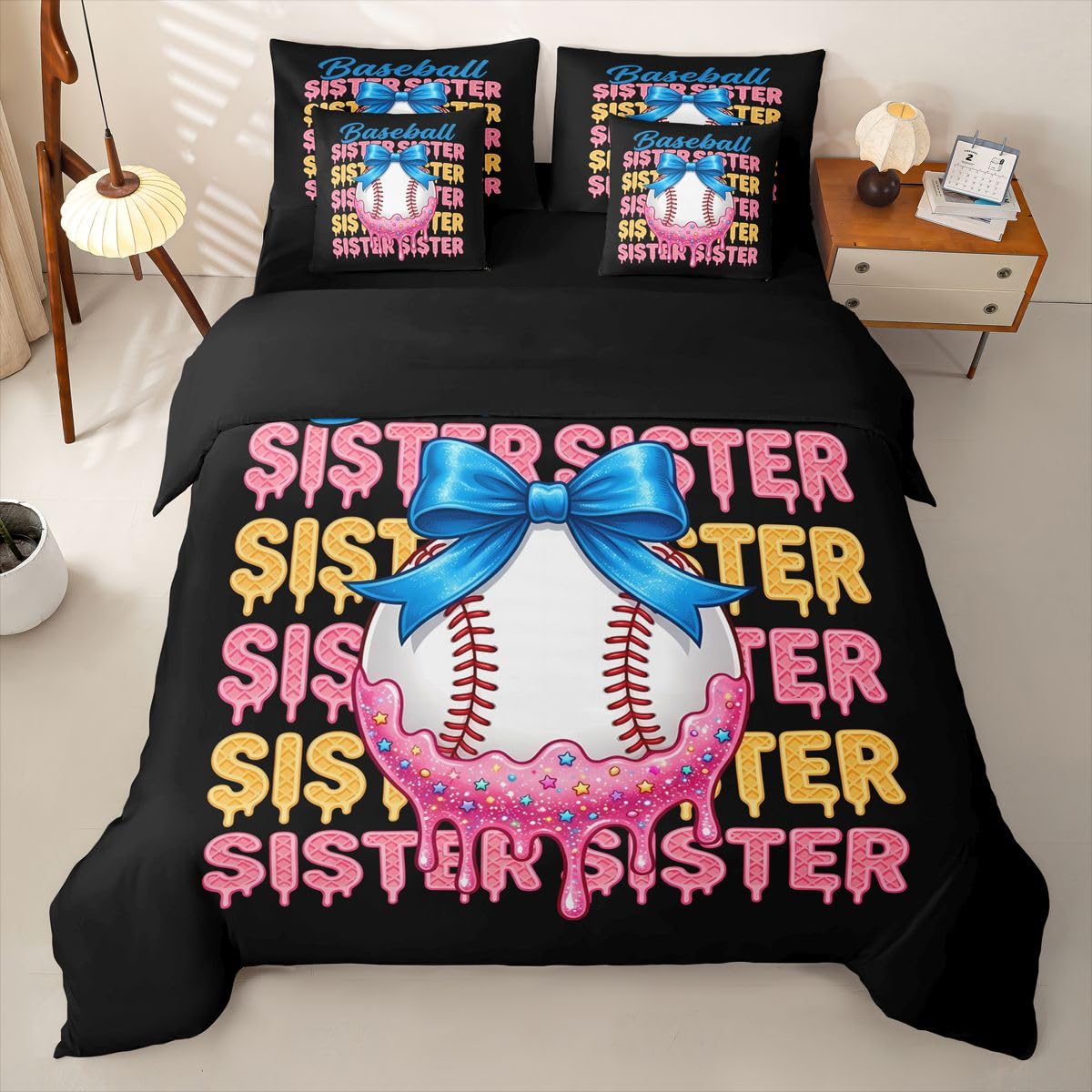 Baseball Bettwäsche 155x220 7teilig Bowknot Bettwäsche-Set 1 Bettbezug,1 Spannbettlaken,1 Bettlaken,2 Kissenbezüge,2 Dekokissenbezüge Kinder Jungen Mädchen EIS Tropfen