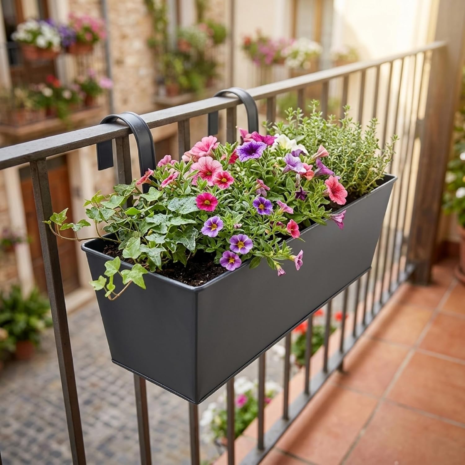 Deck Rail Planter Railing Planter Box, 3 Pack Metal Hanging for Deck Railing with Drainage Holes & Dual Hooks, Outdoor Balcony Flower Boxes for Railings