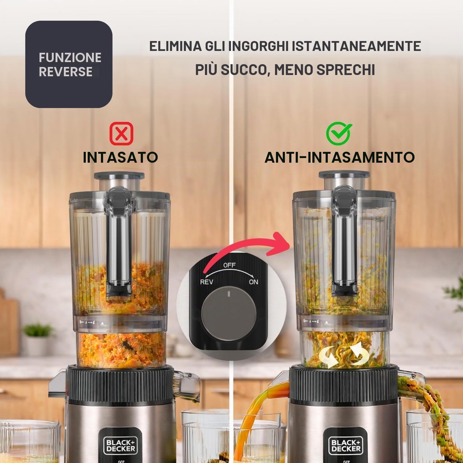 Black+Decker - Estrattore Succo Frutta/Verdura | Bocca 110 mm | Spremitura a freddo | Antiossidazione | 800 ml succo / 600 ml polpa | Funzione Reverse | Filtro lavabile in lavastoviglie | Antiscivolo