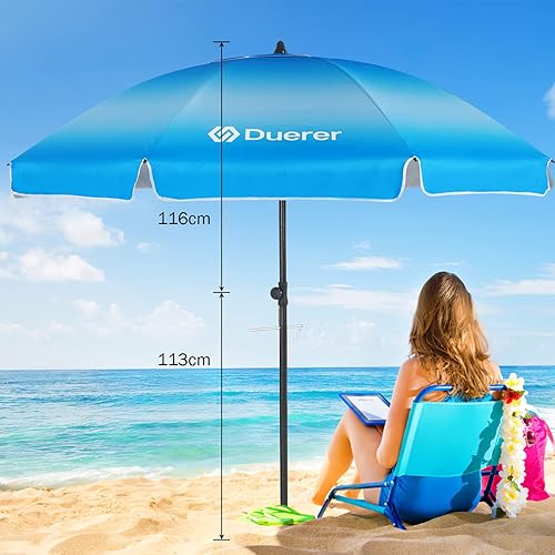 Miniatura 5 de Duerer Sombrilla de playa de 7.5 pies para arena con anclaje, resistente al viento, poste de hierro inclinable de altura ajustable, sombrilla de