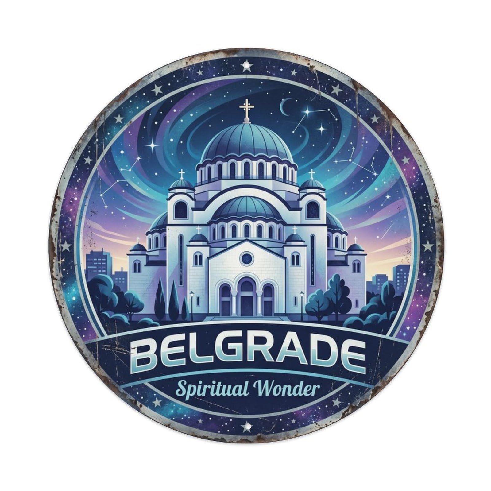 Cmhok Vintage Style-27 Vintage Travel Belgrade Cathedral Serbia Artwork Metal Tin Sign Plaque Wall Decor For Cafe, Club, Garden Round Metal Poster 8X8inch