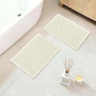Set of 2 Waffle Bath Mat 16"x24" Boho Soft Bathroom Rugs Farmhouse Ivory